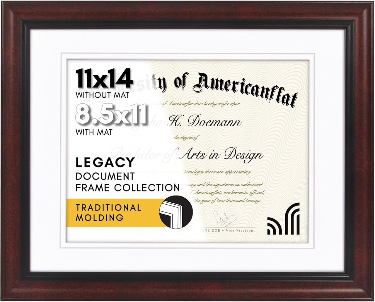 11x14 Diploma Frame – Black & Mahogany Ornate Frame with White Mat, Shatter-Resistant Glass – Display 8.5x11 Certificates or 11x14 Photos – Legacy Collection